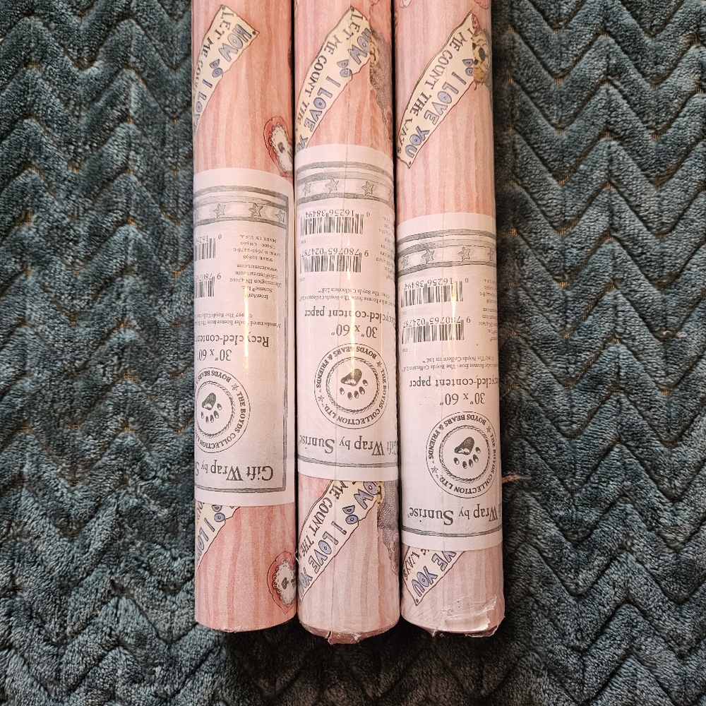 Boyds Bears Gift Wrap 3 Rolls 1997 Pink Striped by Sunrise